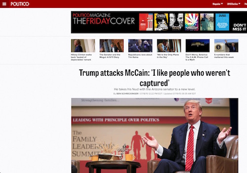 'Trump Attacks McCain: "I Like People Who Weren't Captured" Headline