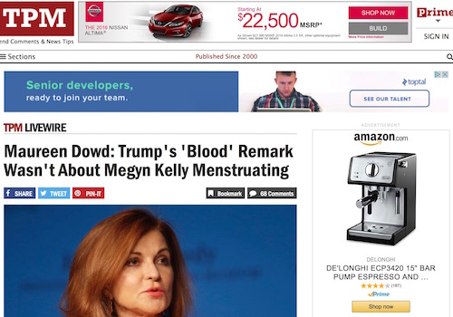 'Maureen Dowd: Trump's "Blood" Remark Wasn't About Megyn Kelly Menstruating' Headline