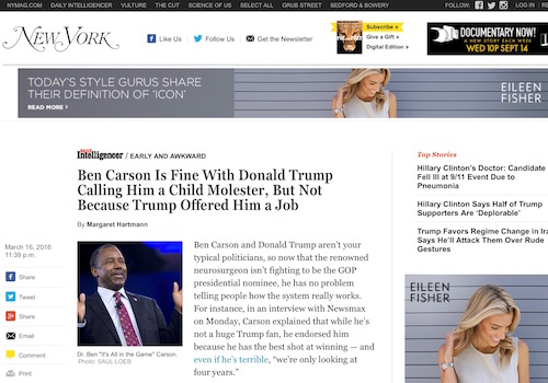 'Ben Carson Is Fine with Donald Trump Calling Him a Child Molester, But Not Because Trump Offered Him a Job' Headline