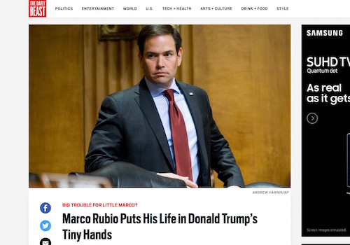 'Marco Rubio Puts His Life in Donald Trump's Tiny Hands' Headline