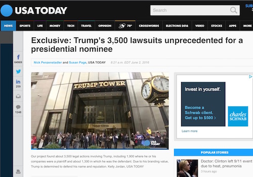 'Exclusive: Trump's 3,500 Lawsuits Unprecedented for a Presidential Nominee' Headline