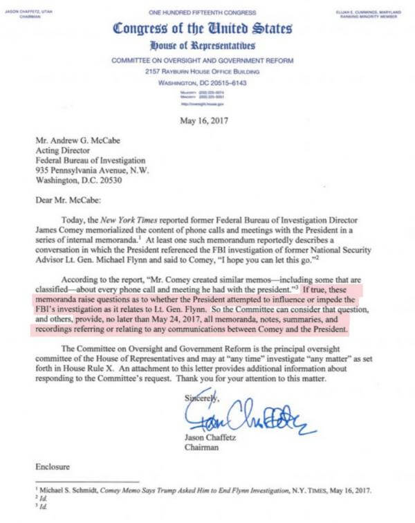 Letter from Jason Chaffetz to the FBI requesting the Comey memos. Image Source: zerohedge.com