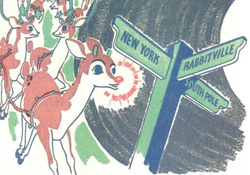 Picture of Rudolph Leading Reindeer and Approaching a Road Sign that says NY, Rabbitville and the South Pole