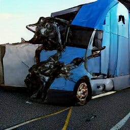 blue semi truck tractor trailer crashed crumpled bumper totalled damage