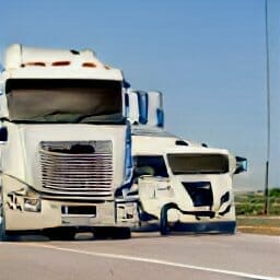 large heavy duty truck white and blue semi with blue sky