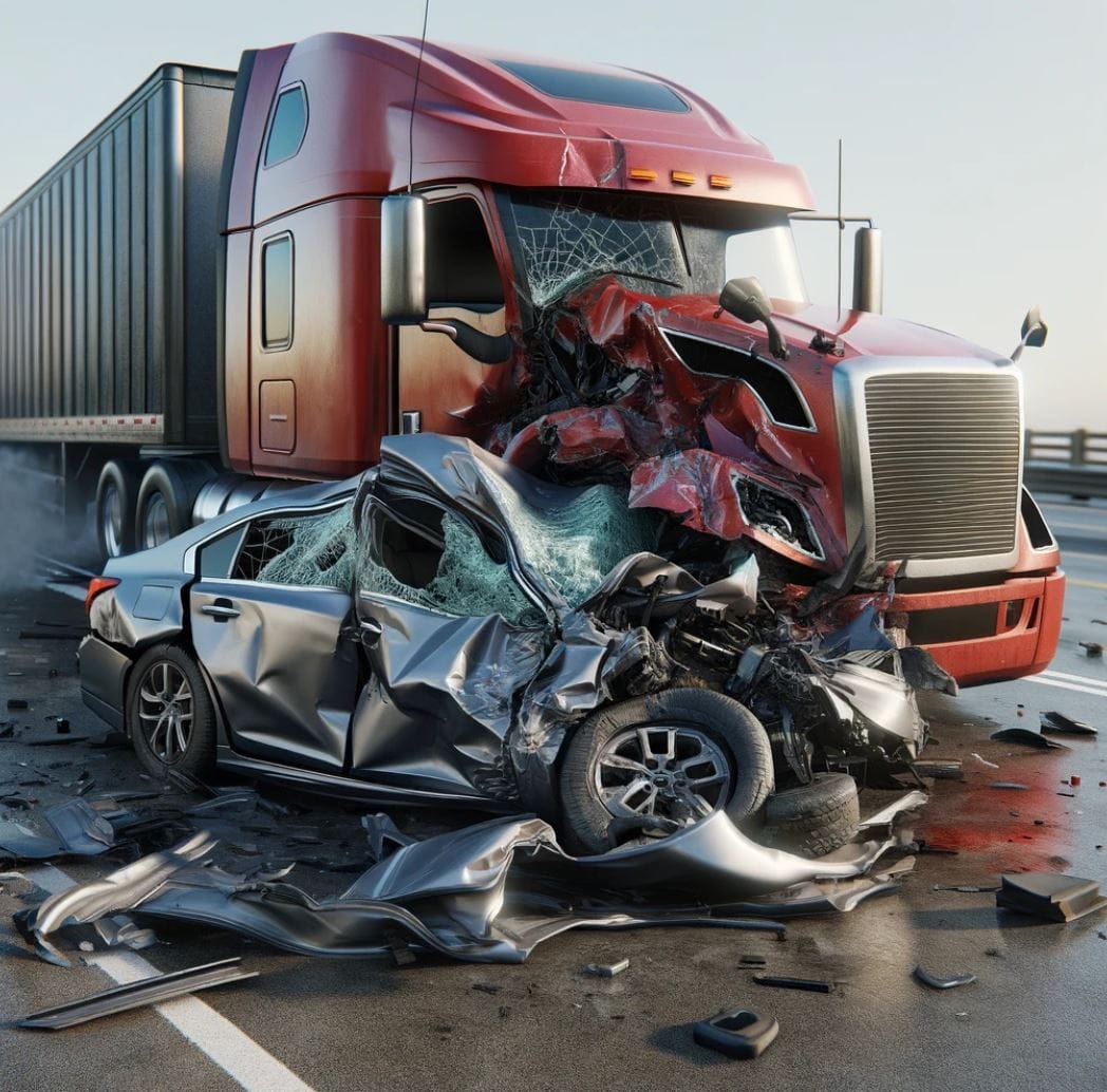 truck accident red peterbilt truck and damaged gray sedan on highway