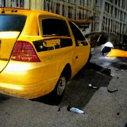yellow taxi cab crash on road with other car wheel damaged 2