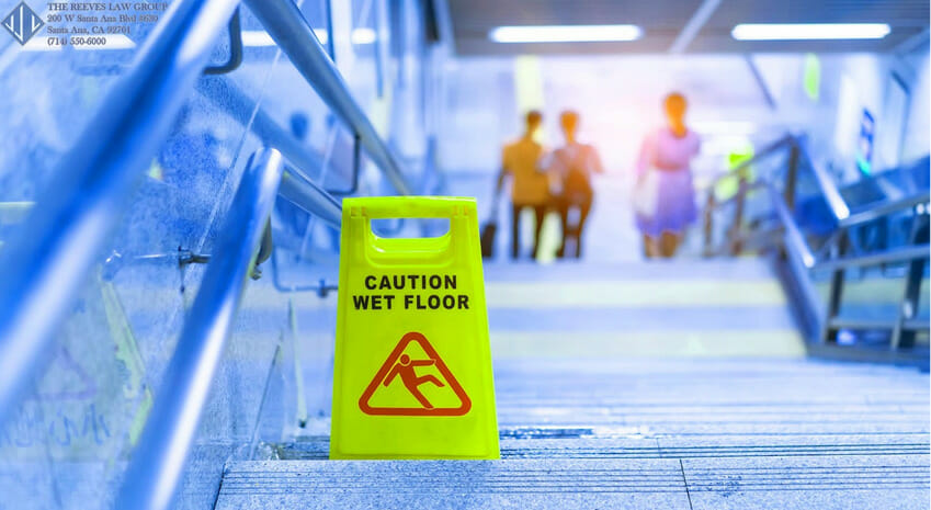 caution wet floor yellow sign with blue background 3 people walking on stairs and rails