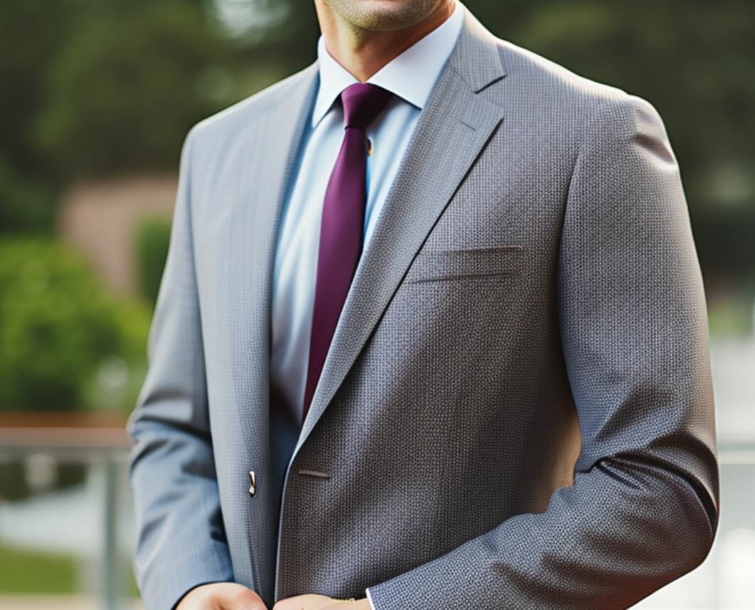 injury attorney in gray suit with purple tie in unspecified state jurisdiction