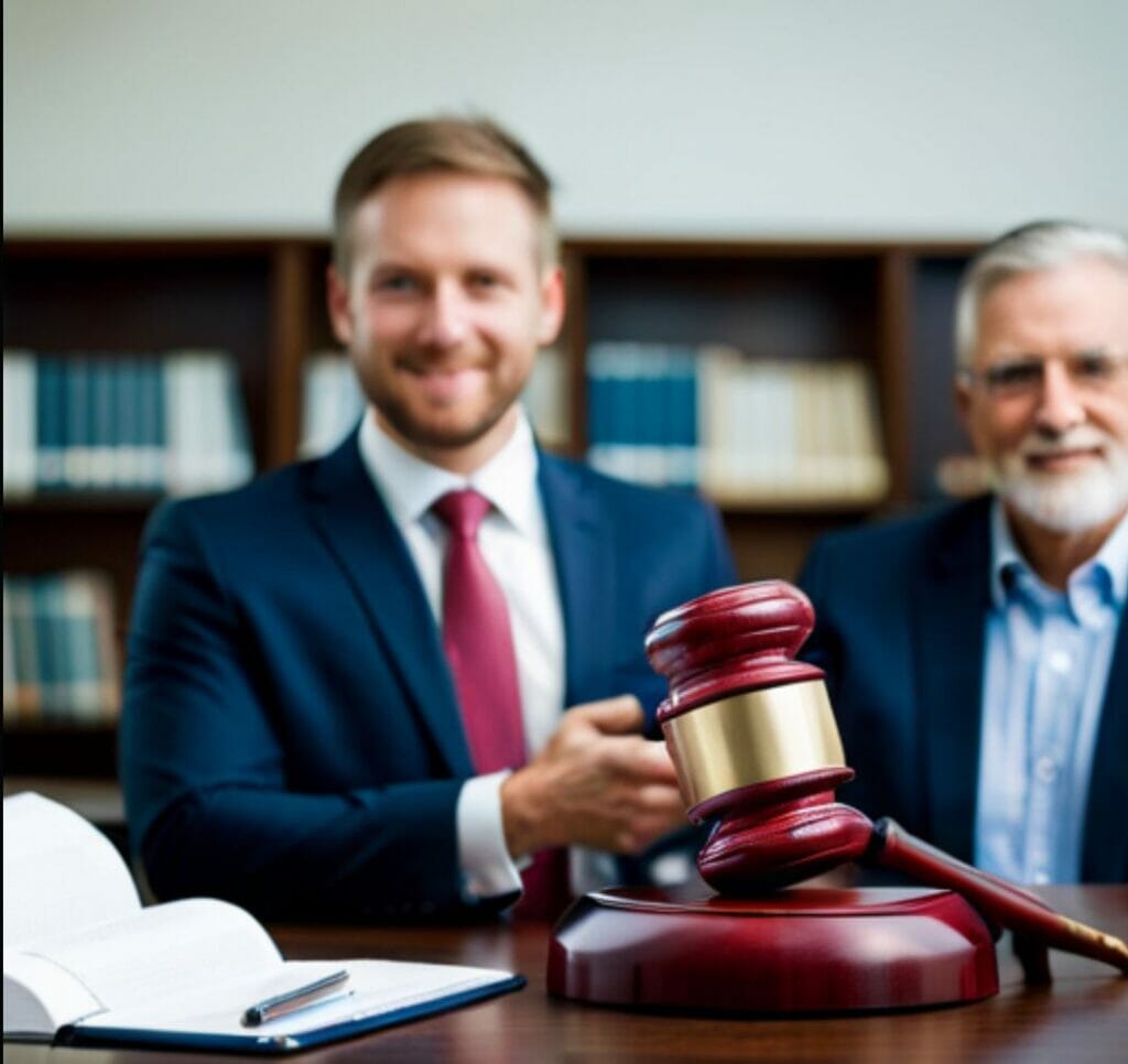 two specialist attorneys in suits sitting at table with gavel