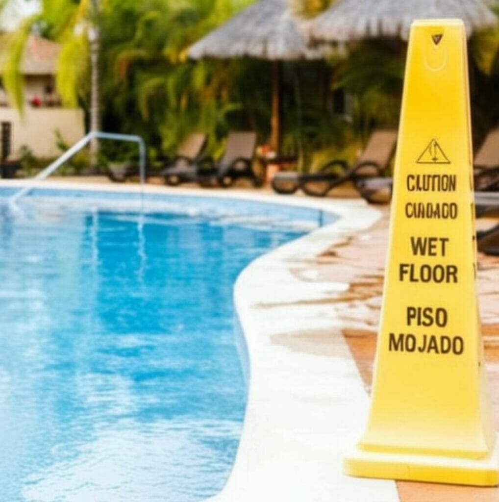 dangerous pool with yellow sign tropical Orange County