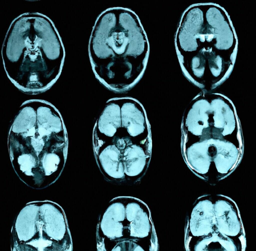blue contract on CT scan of brain after a brain injury on a 40 year old male patient in los angeles