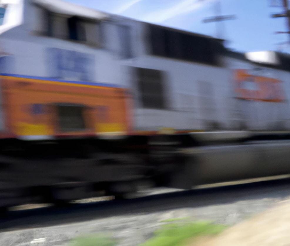 fast moving freight train orange and blue california