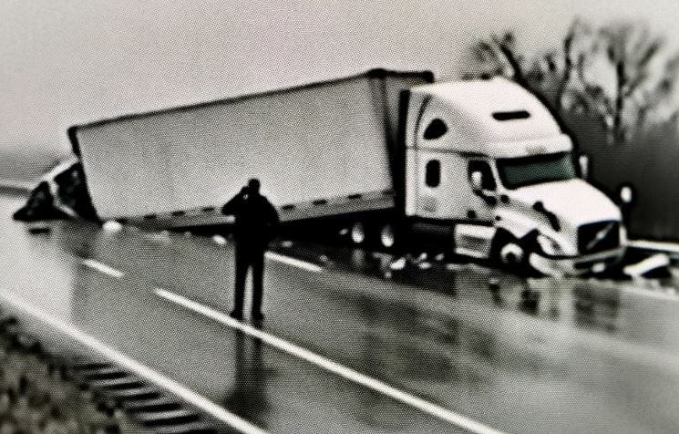 Grainy photo resembling a distant zoom shot from a cell phone camera of a person standing beside an overturned semi truck after a car accident