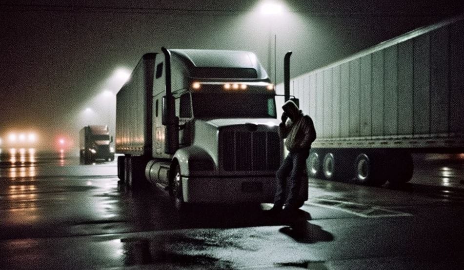 Grainy photo resembling cell phone capture of a worn-out truck driver leaning against his truck at a nighttime truck stop