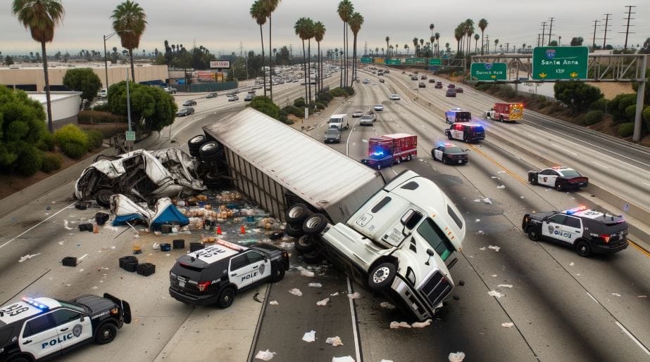 Photo capturing the aftermath of a semi truck rollover accident in Santa Ana, CA. The truck lies on its side, with visible damage and contents spilled. Police cars and ambulances are present