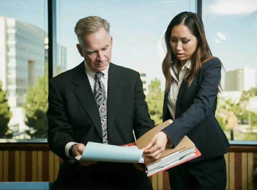 derek pakiz lawyer and paralegal in black suits in front of window friendly litigating trucking paperwork in orange county