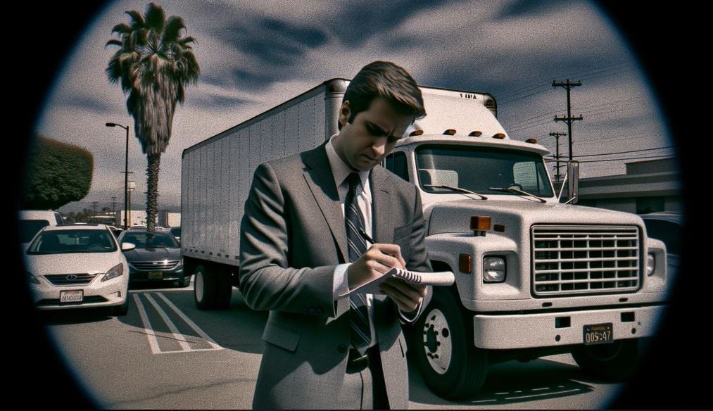 lawyer standing next to old Ford box truck in Santa Ana CA and palm trees writing a investigation report
