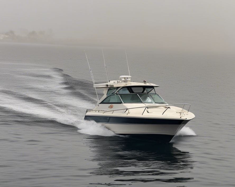 bayliner boat cruising in ocean slight fog