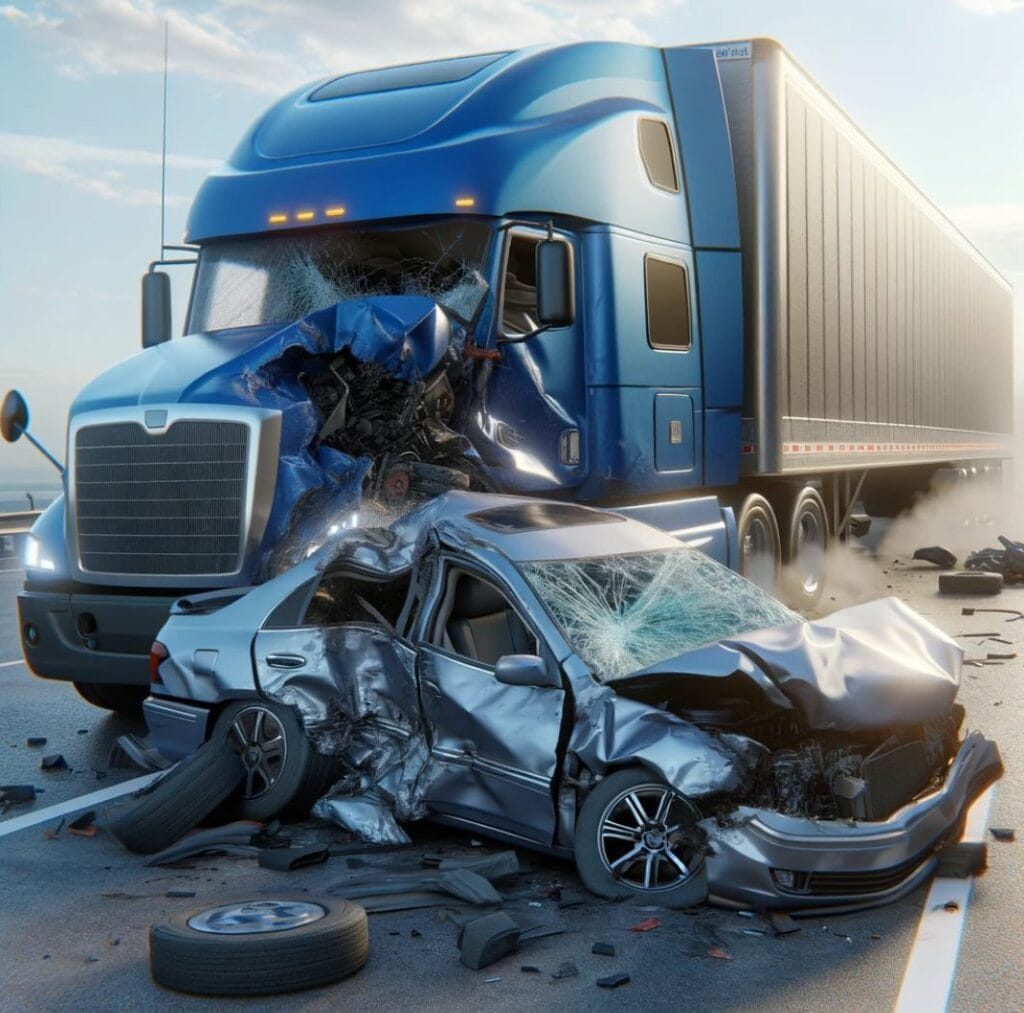 blue semi truck with an accident involving a gray sedan in san bernardino ca