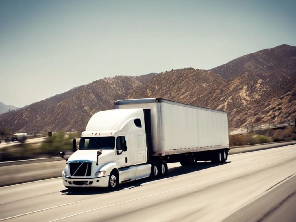 white semi truck on the freeway in san bernardino