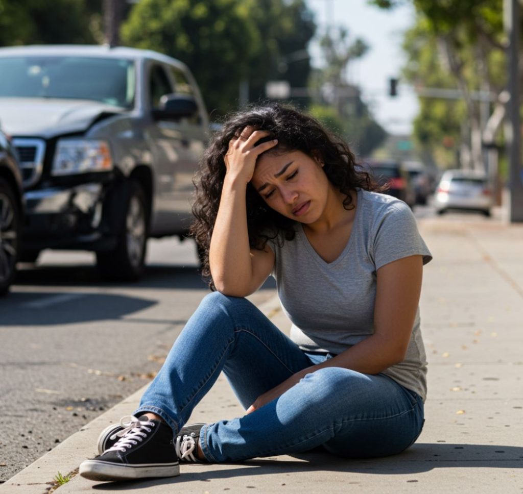 car accident victim lady holding her head on the road cars background